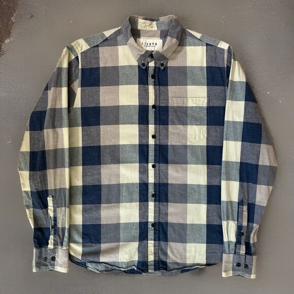 Lisboa Shirt Medium Blue Check Long Sleeve Button Up Oxford Made in Portugal - Picture 1 of 10